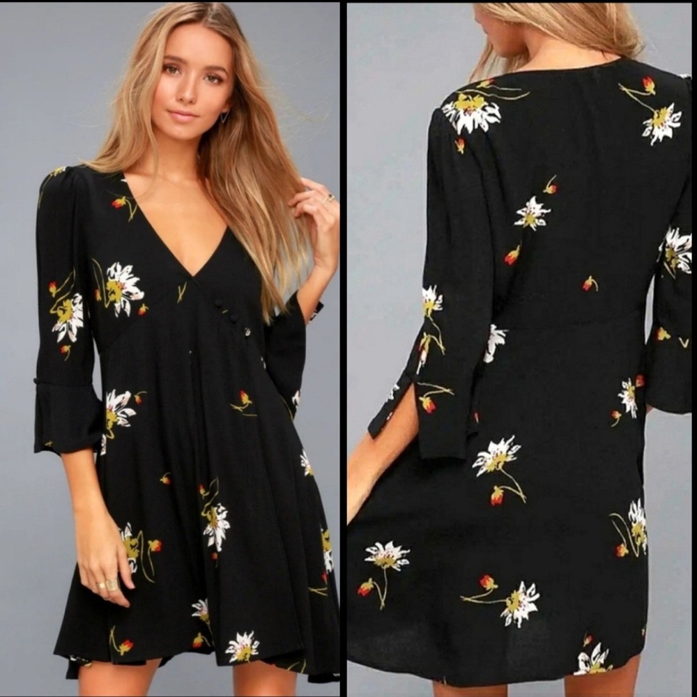 Free People Black Floral Tunic with 3/4 Sleeves